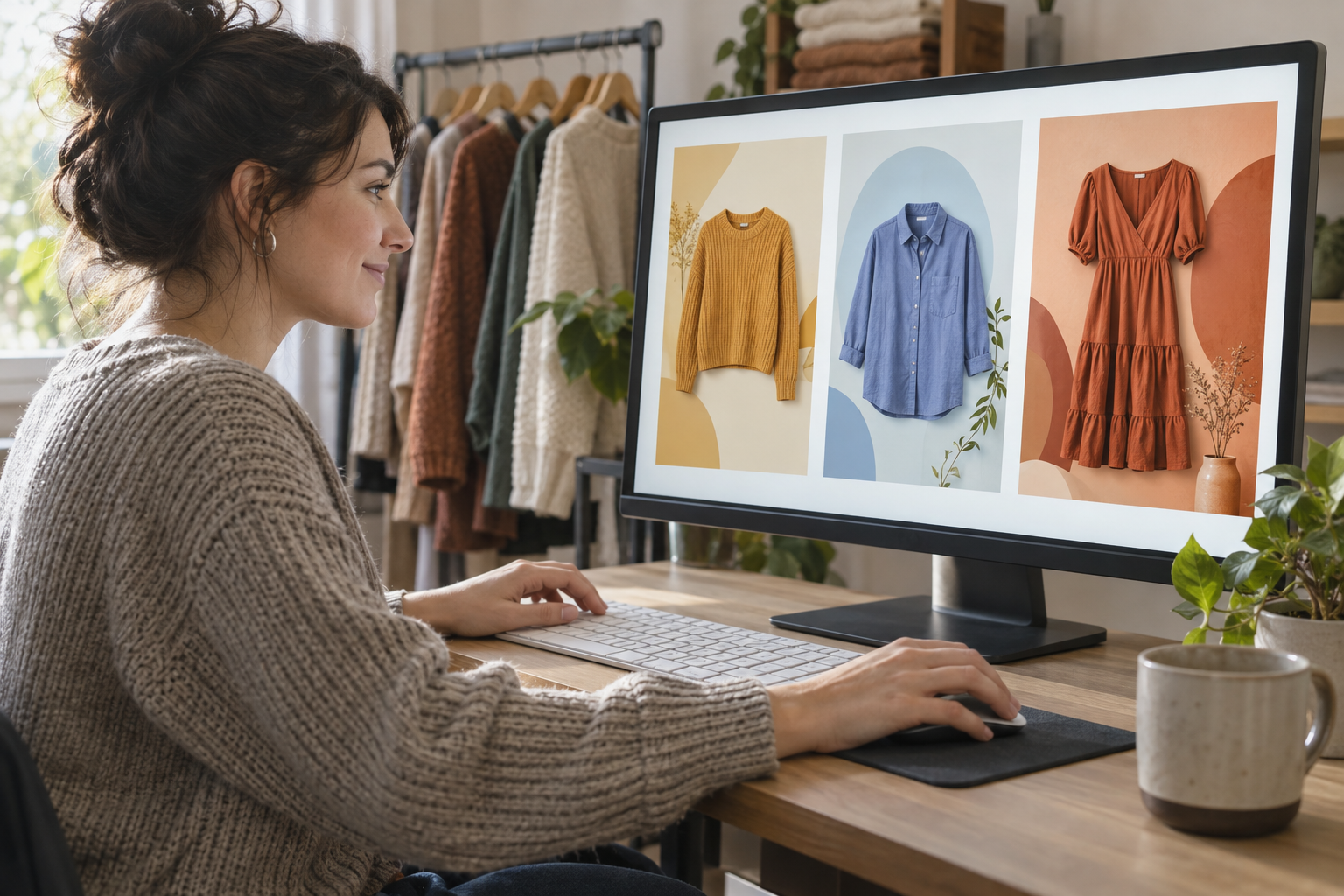 Three digital clothing flyers on screen