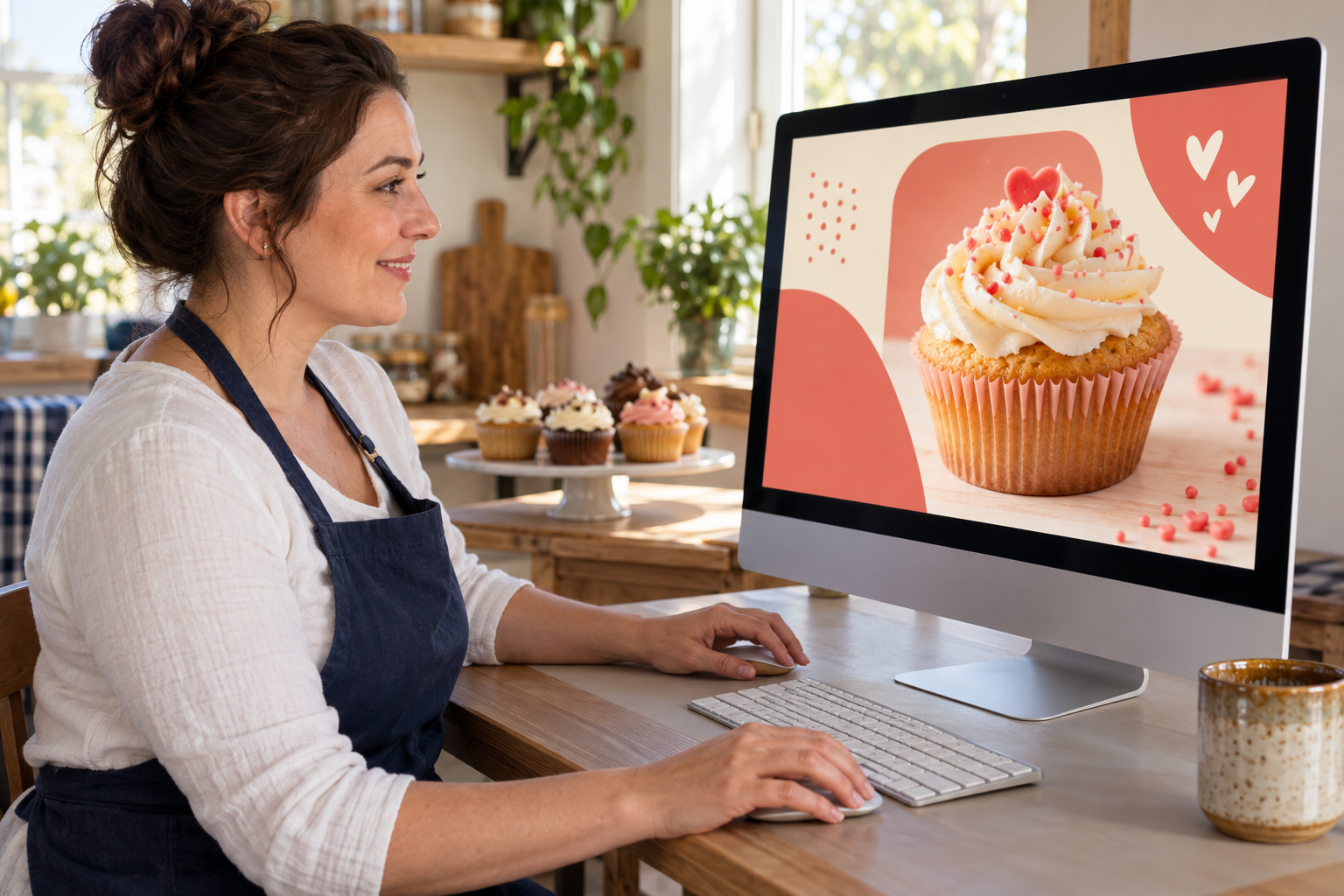 A small business owner viewing her digital cupcake flyer on screen