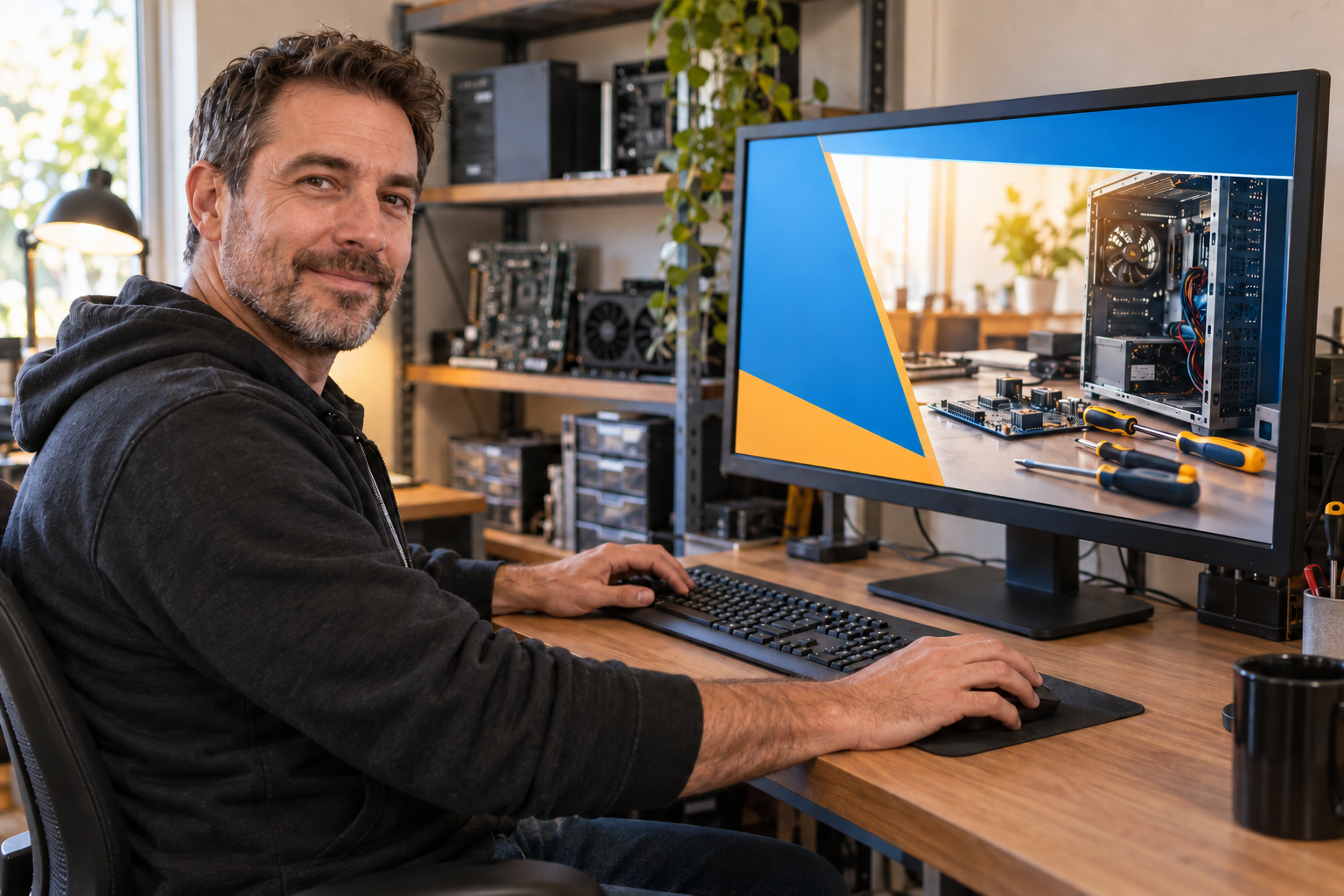A technician with his digital services ad on screen